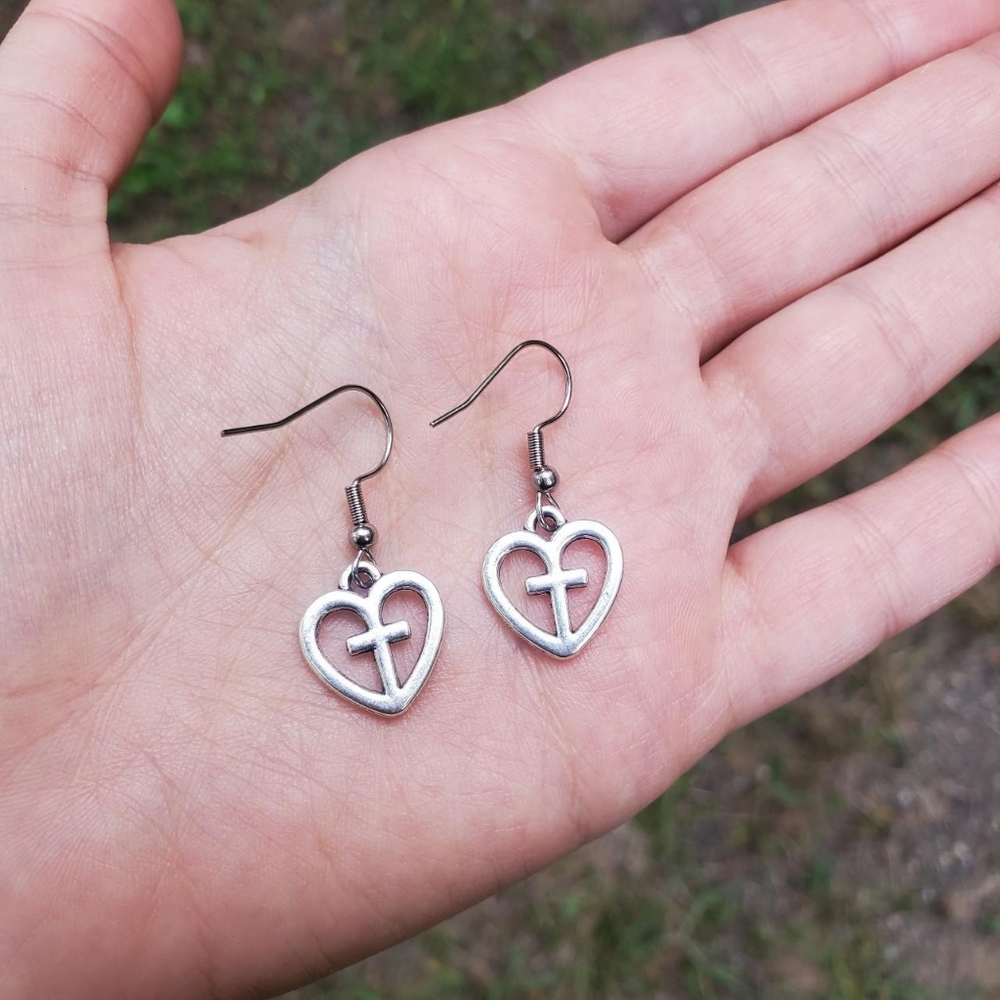 New Handmade Dainty Silver Cross Heart Earrings - Picture 4 of 15